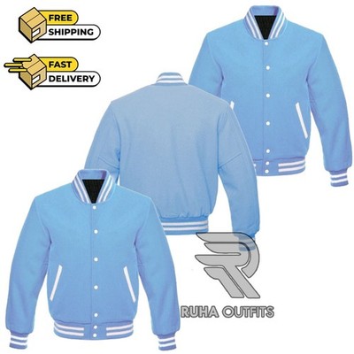 80's Unisex Classic Blue Wool Retro Lettermen Bomber Baseball Varsity Jacket