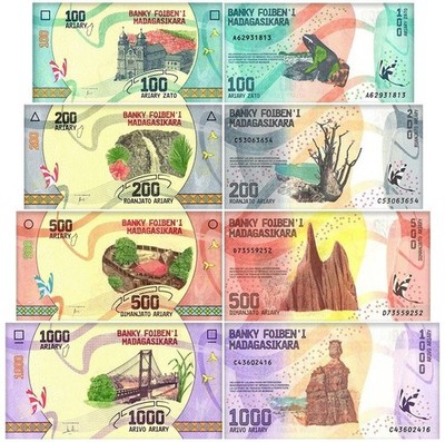 Madagascar 100-1000 Ariary 4 Pieces Full Set, 2017 ND, P-97-100, UNC