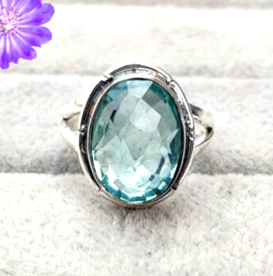 Blautopas Edelstein 925 Sterlingsilber Ethno Handarbeit Schmuck Ring alle Größen - Bild 2 von 4