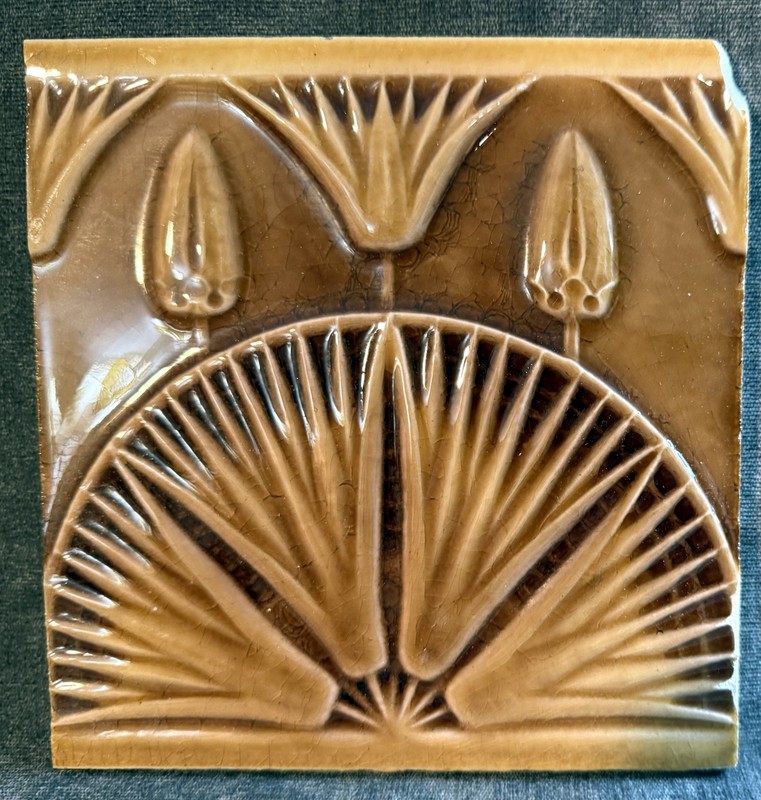 J & J G Low Art Tile Works Egyotian Revival #613 Lotus 6” with corner chip Rare