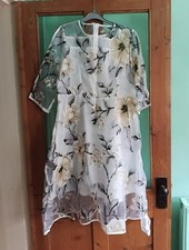 White floral print layered sheer evening dress S 8 knee length skater style