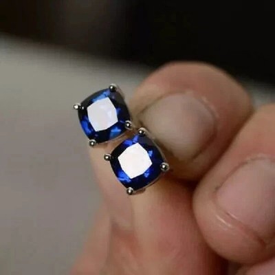 2Ct Cushion Cut Blue Topaz Push Back Solitaire Stud Earring 14K White Gold Over