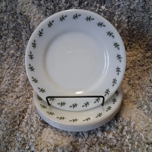 x4 PYREX 704 Corning Tableware Green Leaf 6¾" Milk Glass Dessert Plate Vintage