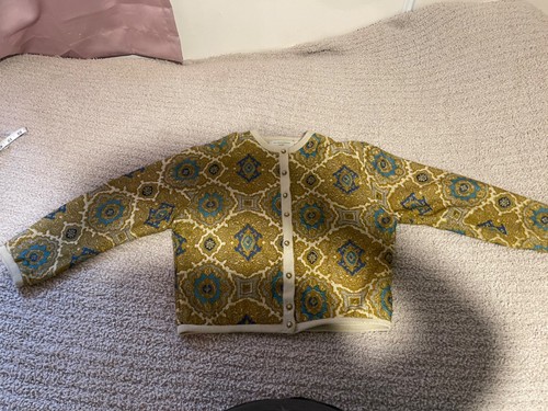 Vintage Park Storyk 50’s/1960's Metallic Gold Blue Acrylic Cardigan Sweater Sz M - Picture 15 of 23
