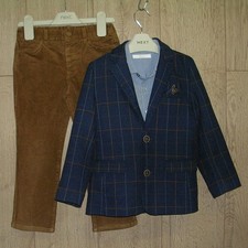 Next Boys Navy Blazer Brown Cords Blue Shirt Smart Occasion Suit Age 4-5 110cm