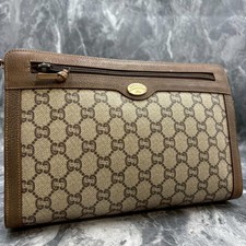 GUCCI GG Clutch Bag Beige Brown Leather Gold Hardware Logo From Japan