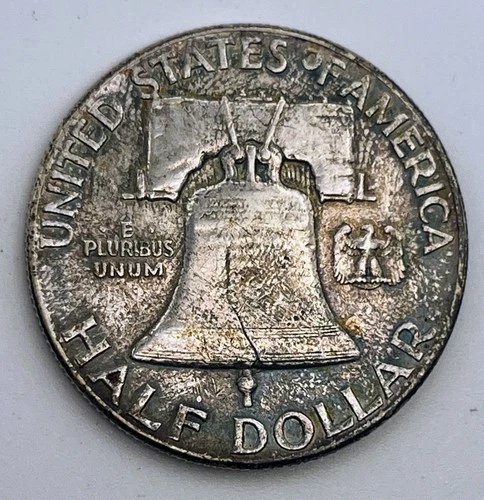 1958 Franklin Half Dollar XF AU Toned Toning Philadelphia Mint 90% Silver USA