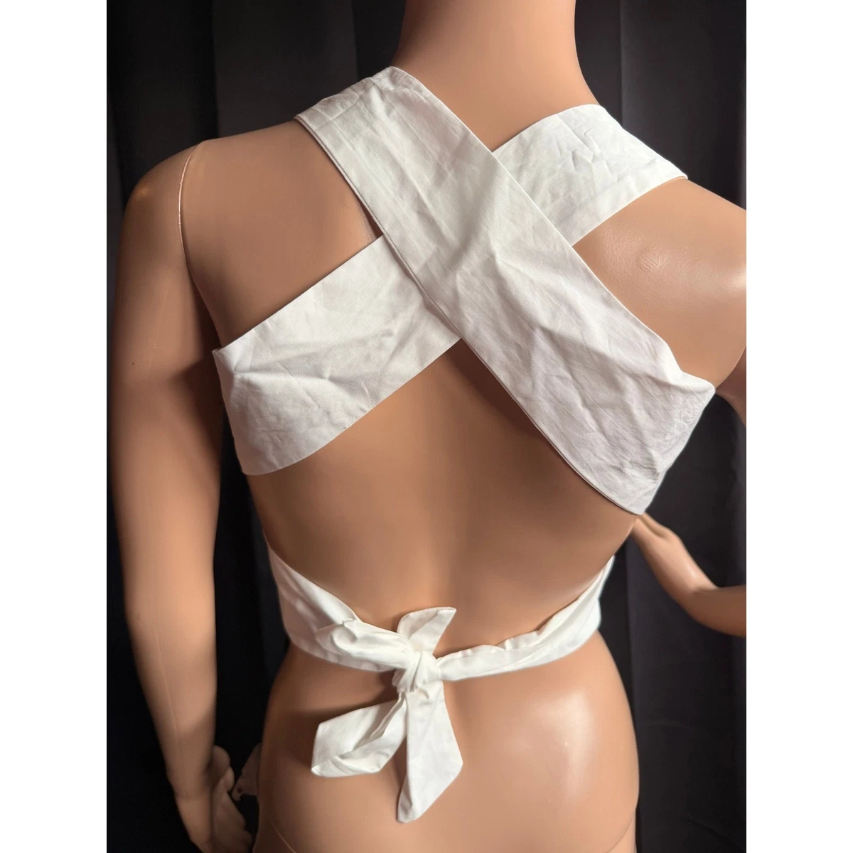 Burans Dayla White Smocked Ruffle Halter Open Back Tie Crop Top 8 Babydoll NEW
