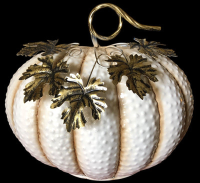 Metal Half Pumpkin Metallic Finish w/Curly Stems & Textured Leaves in Ivory Sz L