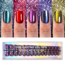 150Pcs Cat Eye Press on Nails Short Square  Soft Gel Fake Nails Glossy Glitter