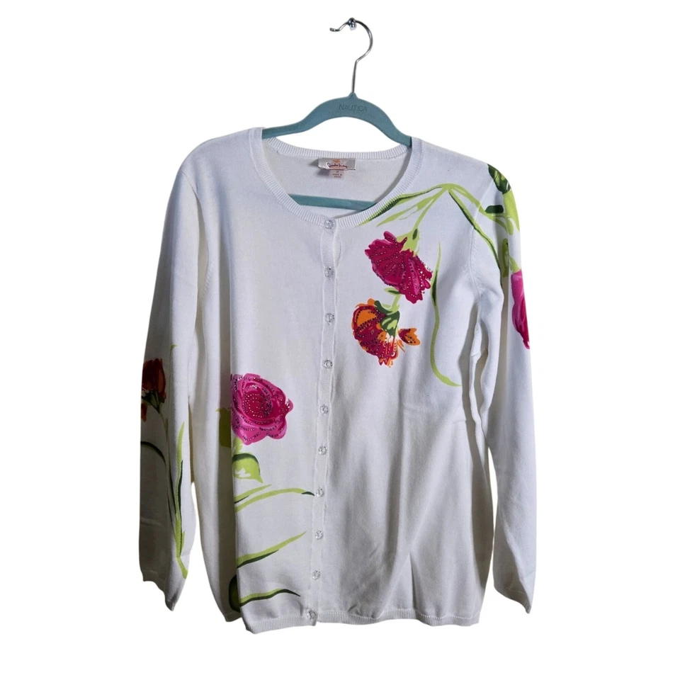 Quacker Factory White Pink Floral Sequined Plussize Cardigan Sweater Size 1X - Image 2 of 4
