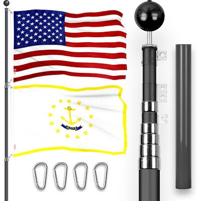 20Ft Telescoping Flagpole Black & American and Rhode Island Flags Emb 300D 3x5Ft