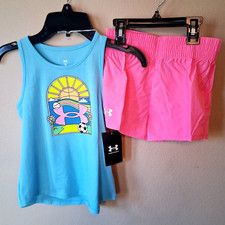 Under Armour Shorts Set 6 Girls Pink Blue Tank Top Logo Multicolor Graphics