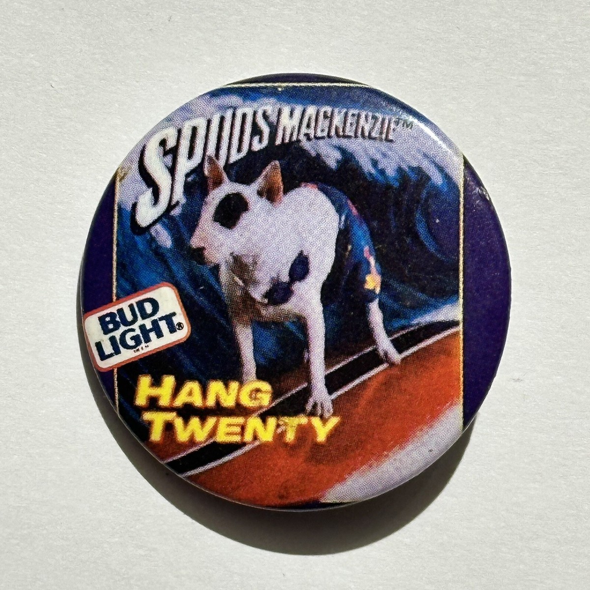 Vintage Spuds Mackenzie Hang Twenty Pin 1.5” (1987) Bud Light