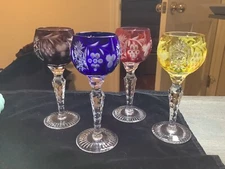 AJKA Crystal Hand Blown Bohemian Cut To Clear Cordials 4 Liqueur Stems Set Of 4