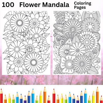 100 Blumen-Mandala Malbilder zum ausdrucken °Digital° & POD Erlaubnis (ENr. 18)
