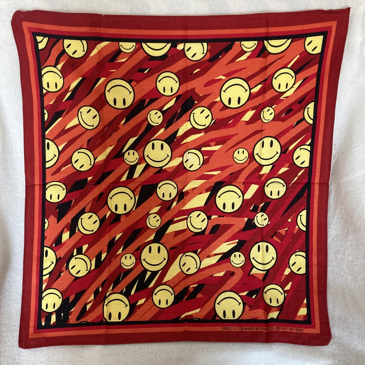 Vintage Smiley Face Bandana Red Yellow RN 13960 Made in