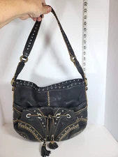 Cole Haan Village Grommet Hobo Embellished Leather Studded Tasseled Black Purse