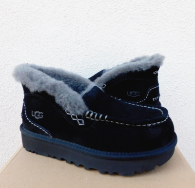 UGG ANSLEY PARC BLACK SUEDE PLATFORM MOCCASIN SLIPPERS, US 7/ EUR