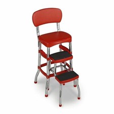 Red Folding Step Stool Kitchen Office Home Chair Back Retro 2 Platform Ladder