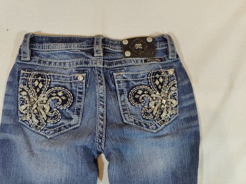 Miss Me Jean Girls 14 Skinny Fleur De Lis Embellished Stretch Western Denim Blue - Picture 2 of 11