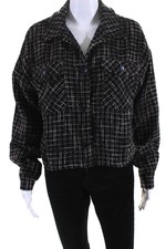 Christian Siriano Womens Tweed Cropped Button Down Jacket Black Beige Size Large