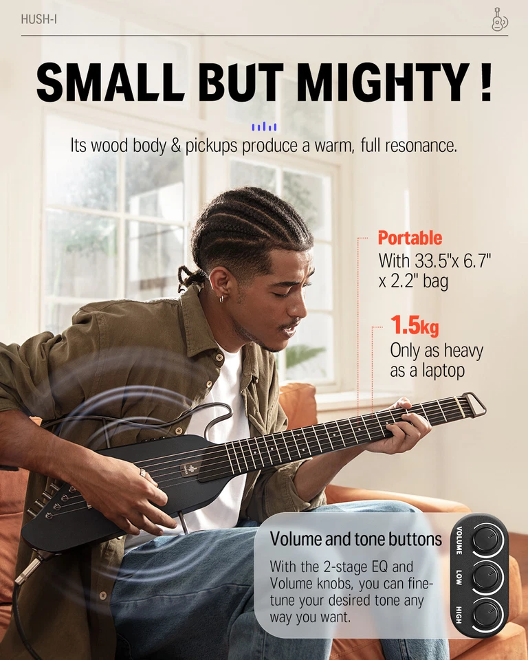 DONNER HUSH™ I Travel Acoustic Electric Portable Guitar Quiet Practice +Earphone - Image 2 of 4