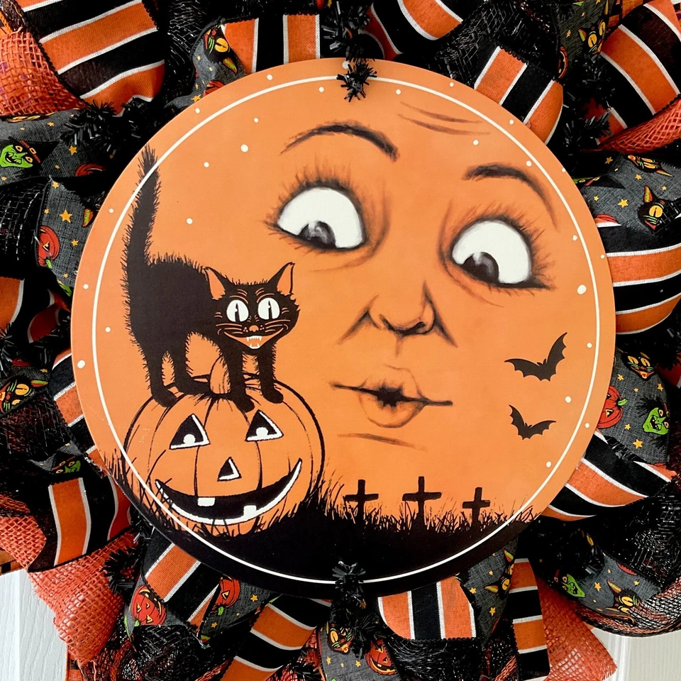 Gato por la luna Halloween corona antigua hecha a mano malla decorativa Foto 2 de 4