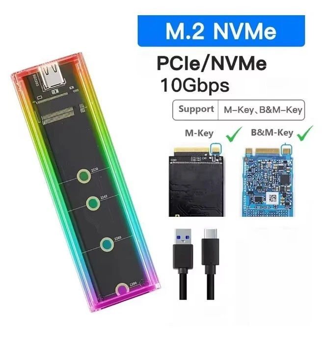 Boîtier SSD LED transparent RGB USB 3.0 M.2 NVME PCIe disque 2280 2260 2242 2230 - Image 3 of 4