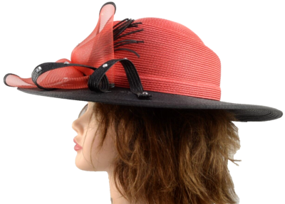 Nubiano New York Church Hat Red w Black Brim Rhinestones Bow  display picture 1