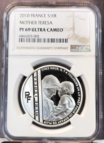 2010 FRANCE SILVER 10 EURO MOTHER THERESA NGC PF 69 ULTRA CAMEO RARE TOP POP
