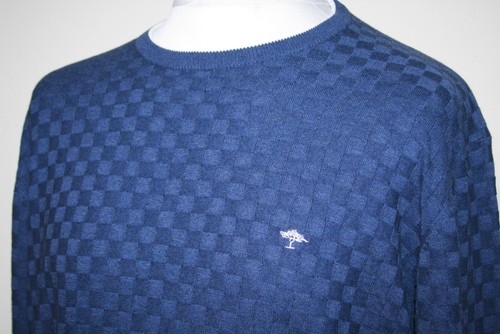 Fynch-Hatton Mens Checkerboard Knit Jumper - XL - Blue -Superior Cotton Crew Top - Picture 4 of 12