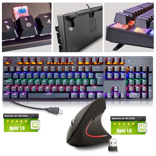 SET: Mechanische USB Gaming Tastatur RGB LED & Ergonom. Funkmaus QWERTZ Layout