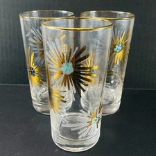 3 VTG Libbey FIRECRACKER Glasses MCM Starburst Gold & Teal Tumblers Barware 5.5"