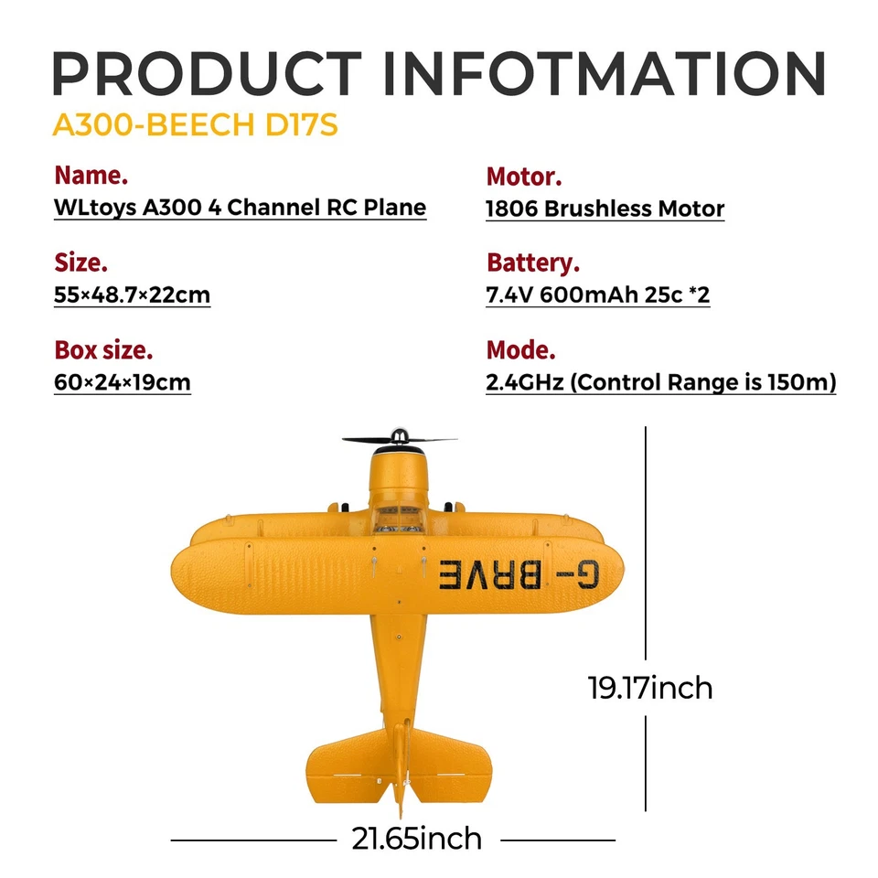 Avión de radiocontrol sin escobillas WLtoys Beechcraft D-17 A300 con luces, modo 6G/3D, 2,4 GHz Foto 3 de 4