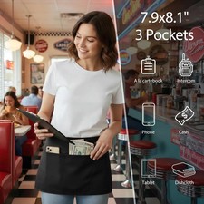 Waist Apron with 3 Pockets - Black Waitress Waiter Server Short Aprons