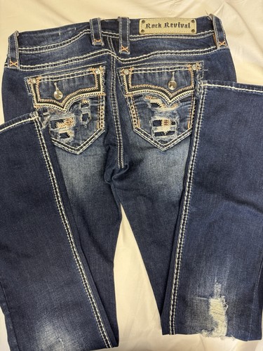 Rock Revival Betty Jeans donna taglia 26 lavaggio scuro bootcut vita media invecchiato