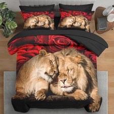 Comforter Set Size, Lion Animal Cat 7 Pcs Bedding for Kids Full Lion Red Rose