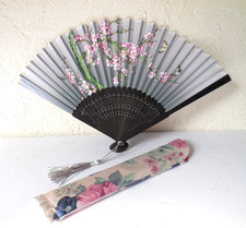 Japanese Folding Fan Bamboo Ribs Silk Cherry Blossom Pink, Green on Silver w/Bag