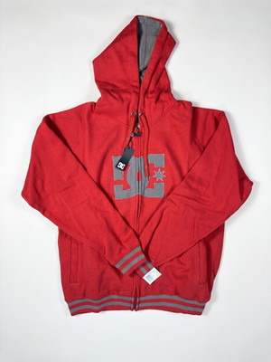 DC Shoes Men's Red Full Zip Hoodie Big Logo Gray Embroidered Size L NWT