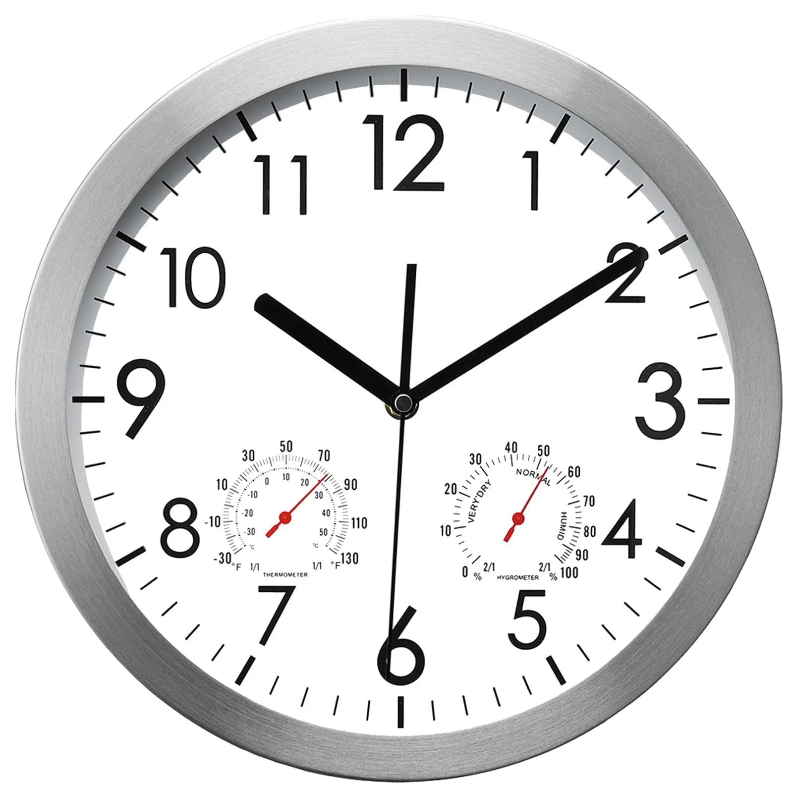 12 Inch Silent Non Ticking Wall Clock Sweep Movement Silver Aluminum Frame Glass