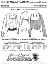 Past Patterns 8643 - Late 1910s Ladies Waist Sewing Pattern Bust 38