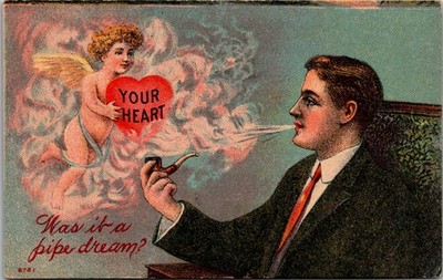 Man Smokes Pipe, Thinks of Love, Was It a Pipe Dream? Vintage Postcard Y77
