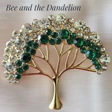 Tree Of Life Gold Tone Green and White Crystal Rhinestone Sparkly Brooch