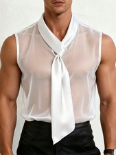 Men's Satin Ribbon Collar Sleeveless Vest with Mesh Perspective