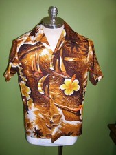 VTG 60'S RAYON HAWAIIAN SHIRT Hibiscus Floral Sailing L