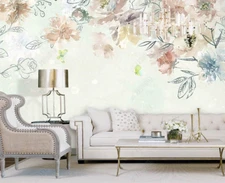 3D Floral Hand Drawn Self-adhesive Removeable Wallpaper Wall Mural