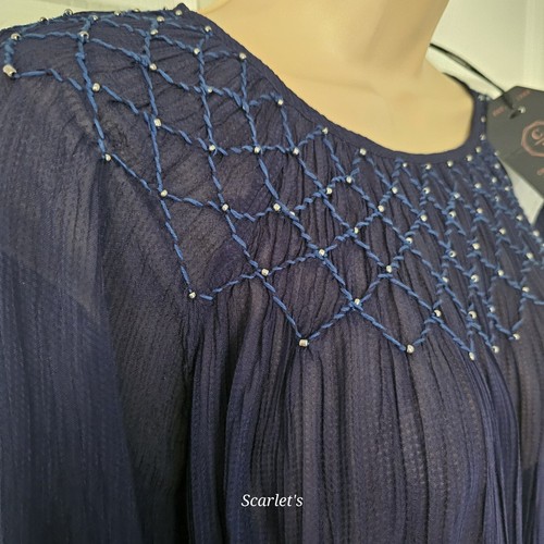 Fat Face Smocked Top Ava Embelished Midnight Blue Size 12 Semi Sheer New - Picture 7 of 14