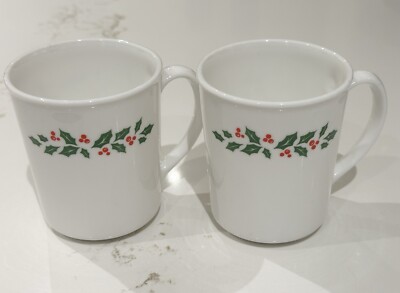set of 2-Vintage Holly Christmas Corning Corelle Milk Glass Coffee Cups Mugs
