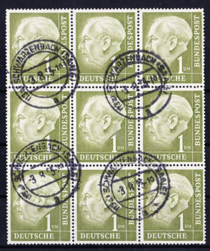 Bund Heuss I, 1 DM Mi. 194 en bloque 9 sello completo limpio - Imagen 1 de 8